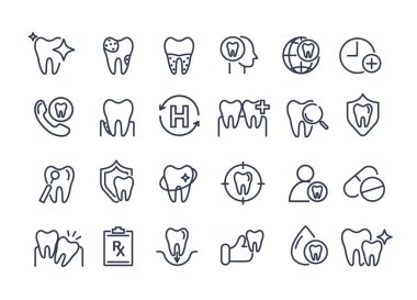 Diş simgesi seti. Diş, dişçi, diş macunu, diş fırçası, diş implantı ve diş implantı ikonları içeriyor. Çocuk dişçi kliniğinde kullanılabilir. Tıbbi sağlık ve dişçilik konsepti. vektör.