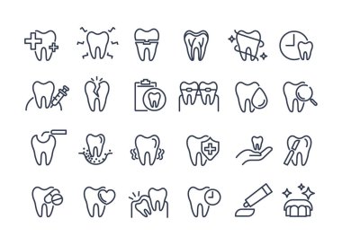 Diş simgesi seti. Diş, dişçi, diş macunu, diş fırçası, diş implantı ve diş implantı ikonları içeriyor. Çocuk dişçi kliniğinde kullanılabilir. Tıbbi sağlık ve dişçilik konsepti. vektör.