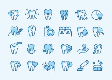 Diş simgesi seti. Diş, dişçi, diş macunu, diş fırçası, diş implantı ve diş implantı ikonları içeriyor. Çocuk dişçi kliniğinde kullanılabilir. Tıbbi sağlık ve dişçilik konsepti. vektör.