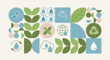 Geri dönüşüm günü. Dünya çevresi ve sürdürülebilir kalkınma, geri dönüşüm sembolleri, çöp kutuları, plastik şişeler ve karbon emisyonunu azaltma konsepti. Yeşil desenli doğal şekiller çizilmiş..