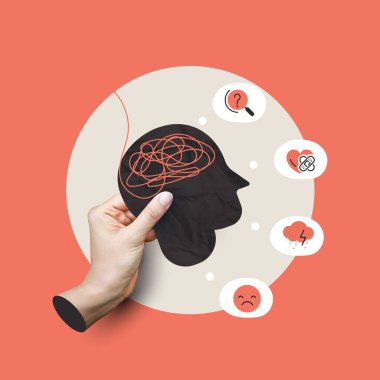 Zihinsel sağlığın kavramsal görüntüsü, zihinsel mücadeleyi ve iyileşmeyi temsil eden ikonlarla kaygı ve aşırı düşünmeyi sembolize eden kırmızı çizgilerle siyah kağıt kesiği olan insan kafasını tutan bir eli gösteriyor..