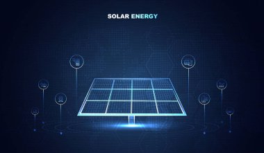 Dijital arayüzü, temiz enerjisi ve yenilik, çevre ve yeşil enerji çözümleri için sürdürülebilir enerji üretimine sahip gelecekçi güneş paneli teknolojisi kavramı. vektör tasarımı.