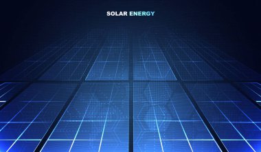 Fütürist güneş paneli teknolojisi arka planında dijital şebeke hatları ve temiz, yenilenebilir enerji kavramları ve yeşil enerji sistemlerindeki yenilikler için parlayan mavi enerji. vektör tasarımı.