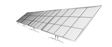Beyaz arka planda temiz enerji, sürdürülebilirlik, çevre dostu teknoloji ve yenilenebilir enerji üretimi için güneş paneli dizisi. vektör tasarımı.