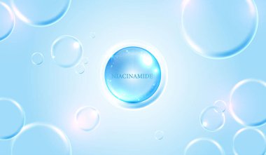 Mavi serum baloncuğunda parlayan Niacinamide molekülü. Güzellik, yüz bakımı, yaşlanma karşıtı, kozmetik ürünleri ve cilt bakım ürünleri için ışık saçan ve temiz bir altyapısı olan cilt bakımı. Vektör.