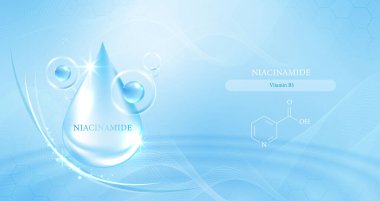 Niasinamit moleküllü parlak mavi serum damlası, parlayan su kabarcıkları, cilt özü konsepti, gerçekçi kozmetik reklam tasarımı, yüz tedavisi ürünleri için yaşlanma karşıtı güzellik arka planı.
