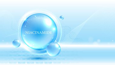 Mavi serum baloncuğunda parlayan Niacinamide molekülü. Güzellik, yüz bakımı, yaşlanma karşıtı, kozmetik ürünleri ve cilt bakım ürünleri için ışık saçan ve temiz bir altyapısı olan cilt bakımı. Vektör.
