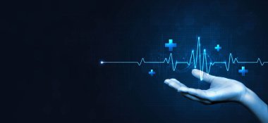 Kalp atışı ve nabız. Dünya Kalp Günü. Hasta kalbinin fonksiyonlarını kontrol etmek için sağlık hizmetleri tıbbi odaklı kalp atışı. Tıbbi uygulamalar, web siteleri ve hastane için modern basit tasarım.