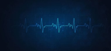 Fütüristik mavi tıbbi geçmiş, kardiyoloji konsepti, sağlık teknolojisi, kalp atış hızı monitörü, nabız dalgası, tıbbi yenilik üzerine soyut dijital kalp atışı veya ECG hattı.