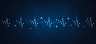 Fütüristik mavi tıbbi geçmiş, kardiyoloji konsepti, sağlık teknolojisi, kalp atış hızı monitörü, nabız dalgası, tıbbi yenilik üzerine soyut dijital kalp atışı veya ECG hattı.
