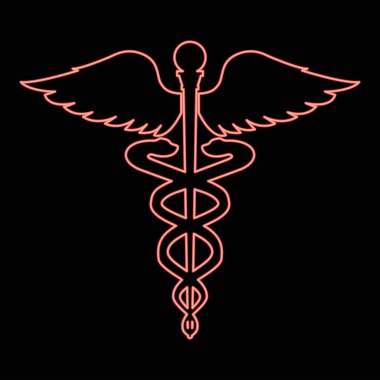 Neon caduceus sağlık sembolü asclepius 'un kırmızı renk vektör illüstrasyon resmi düz ışık