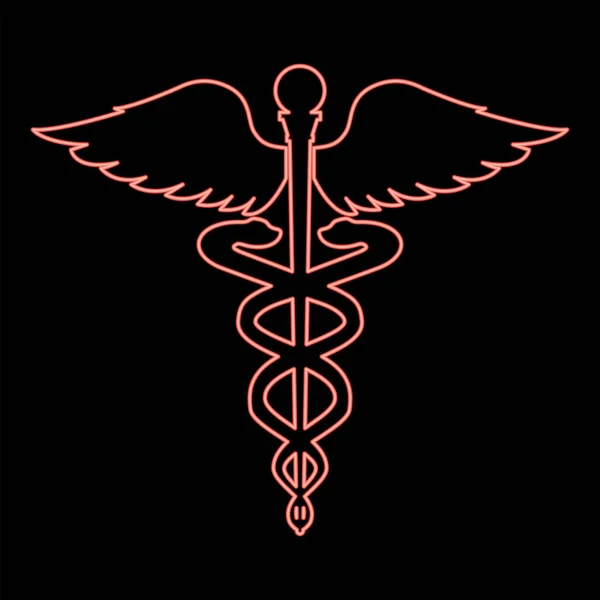 ネオンカドゥケウス健康シンボルアスクレピウスの杖赤いカラーベクトルイラストイメージフラットスタイルの光 — ストックベクタ