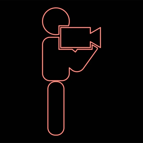 Neon Man Met Video Camera Stick Rode Kleur Vector Illustratie — Stockvector