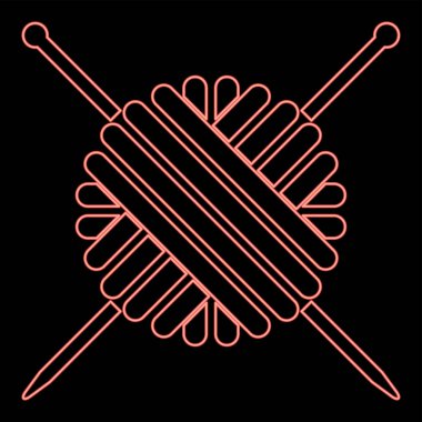 Neon yün yumağı ve örgü iğneleri kırmızı renk vektör illüstrasyon resmi düz ışık