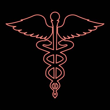 Neon caduceus sağlık sembolü asclepius 'un kırmızı renk vektör illüstrasyon resmi düz ışık