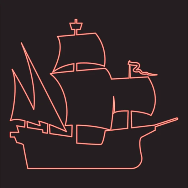 Neon Mittelalterlichen Schiff Rote Farbe Vektor Illustration Bild Flachen Stil — Stockvektor