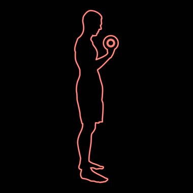Neon adam dambıllarla egzersiz yapıyor spor hareketi erkek siluet yan görünümü simge renk vektör çizimi düz ışık biçimi