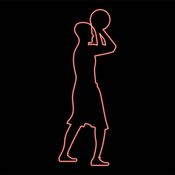 Neon Basketballspieler Wirft Einen Basketballmann Schießen Ball Seitenansicht Symbolfarbe Vektor — Stockvektor