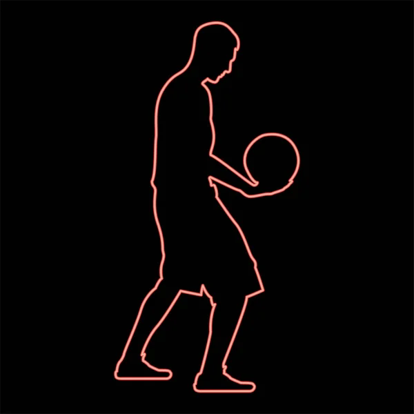 Неоновый Баскетболист Держит Мяч Человек Держит Баскетбольный Силуэт Иконки Цветной — стоковый вектор