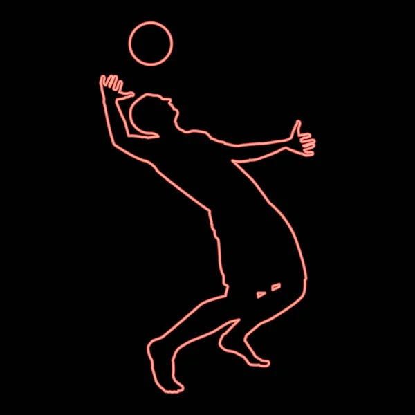 Néon Joueur Volley Frappe Balle Avec Silhouette Supérieure Vue Latérale — Image vectorielle