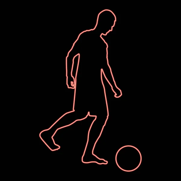 Neon Mann Tritt Den Ball Silhouette Fußballer Kicken Ball Seitenansicht — Stockvektor