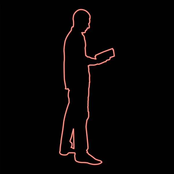 Neon Człowiek Stojący Czytanie Sylwetka Pojęcie Nauka Dokument Ikona Kolor — Wektor stockowy