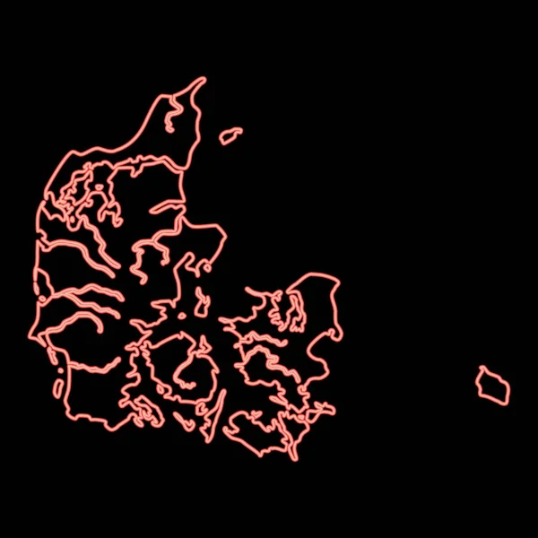 Neon Mapa Danii Czerwony Kolor Wektor Ilustracja Obraz Płaski Styl — Wektor stockowy