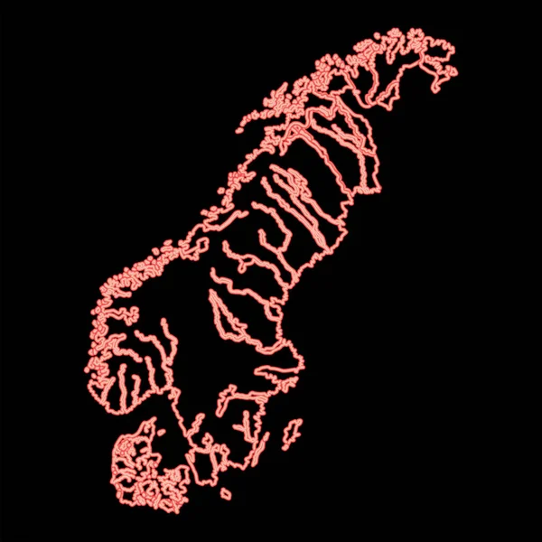 Mapa Neón Escandinavia Vector Color Rojo Ilustración Imagen Estilo Plano — Archivo Imágenes Vectoriales