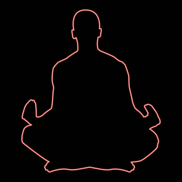 Neon Meditáló Ember Gyakorlás Jóga Szimbólum Piros Szín Vektor Illusztráció — Stock Vector
