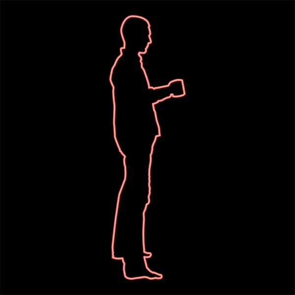 Neon Człowiek Kubek Stojący Czerwony Kolor Wektor Ilustracja Obraz Płaski — Wektor stockowy