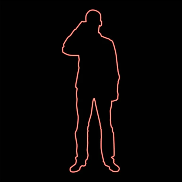 Neon Man Dricka Från Mugg Stående Röd Färg Vektor Illustration — Stock vektor
