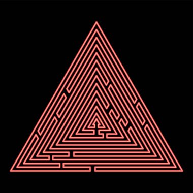 Neon üçgen labirent. Labirent bilmecesi. Bilmece kırmızı renk vektörü çizimi düz resim çizimi.