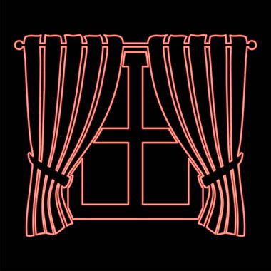 Neon perdeler ve pencere kırmızı renk vektör illüstrasyon resmi düz stil ışık