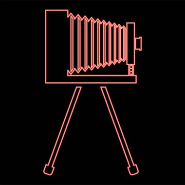 Tripod üzerinde neon retro kamera Eski analog film kamerası Eski fotoğraf kamerası kırmızı renk vektör illüstrasyon düz resim ışık
