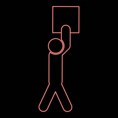 Neon adam kollarının üzerinde yükünü taşıyor teslimat paketi kırmızı renk vektör illüstrasyon görüntüsü düz ışık