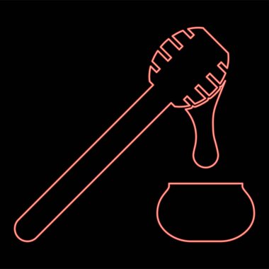 Neon bal, bal kaşığından tencereye damlar Tahta ve kavanoz sıvı nektar ikonu ile siyah renk illüstrasyonu düz resim kırmızı renk çizim düz ışık tarzı