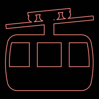 Neon füniküler hava yolu teleferiği, teleferik, Dağ tatil beldesi, Ropeway seyahat kamarası, kırmızı renk çizimi, düz ışık stili.