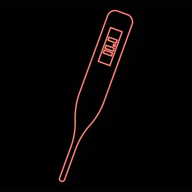 Dijital ekran sıcaklığını ölçen neon tıbbi elektronik termometreler. Elektrik ölçüm konsepti. Kırmızı renk vektörü illüstrasyonu.