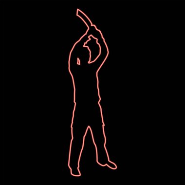Neon kılıçlı adam elinde soğuk silahlarla çeşitli pozisyonlarda asker asker bıçaklı avcı güçlü savunma silahşör konsepti kırmızı renk vektör çizimi düz stil ışık