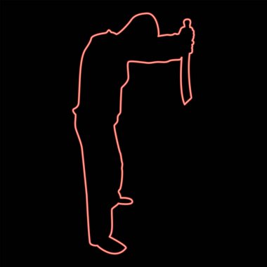 Neon kılıçlı adam elinde soğuk silahlarla çeşitli pozisyonlarda asker asker bıçaklı avcı güçlü savunma silahşör konsepti kırmızı renk vektör çizimi düz stil ışık