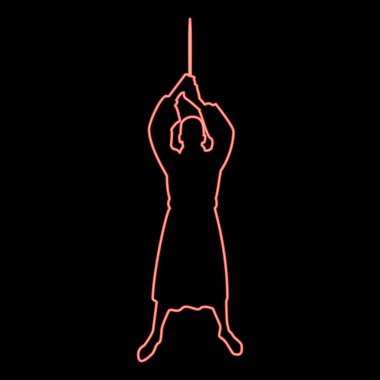 Neon kılıçlı adam elinde soğuk silahlar çeşitli pozisyonlarda avcı avcı bıçaklı asker güçlü savunma silahı konsepti kırmızı renk tasviri düz stil resim çizimi