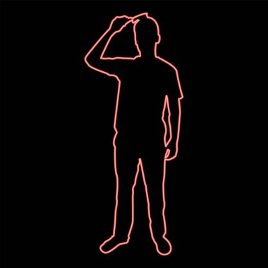 Neon adam saç fırçası kullanıyor. Ön görüş kırmızı renk vektör illüstrasyon düz ışık.