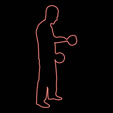 Elinde tenceresi olan neon adam yemek hazırlıyor. Erkek yemek pişiriyor. Açık kapaklı kırmızı renkli çizim tabağı kullanıyor.