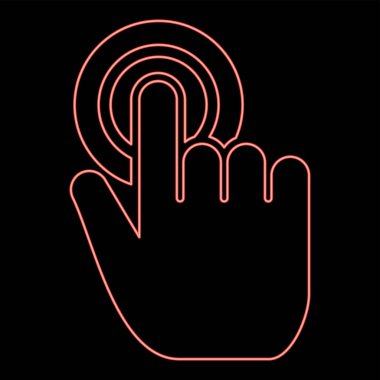Neon click on button Hand cursor Touch screen red color vector illustration image flat style light