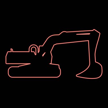 Neon excavator silhouette Special equipment Dusty digger Building machine red color vector illustration image flat style light