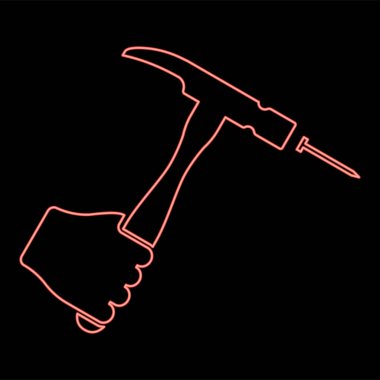 Neon hammer hits nail in hand claw holding Fixing and repairing working tools red color vector illustration image flat style light
