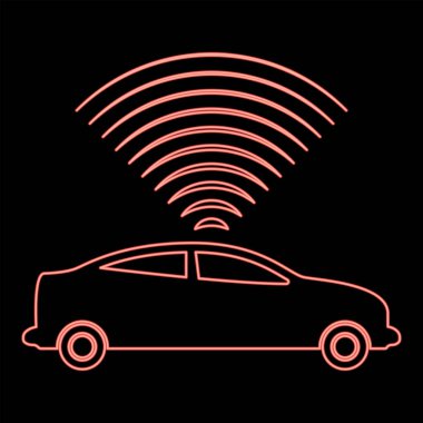 Neon car radio signals sensor smart technology autopilot up direction red color vector illustration image flat style light