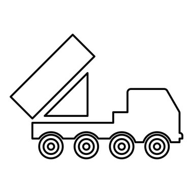 Tepkisel sistem yaylım ateşi Amerikan çoklu fırlatması tekerlekli şasiye yüksek hareketli ordu kamyonu dış hat çizgisi simgesi siyah renk illüstrasyon resmi ince düz düz stil