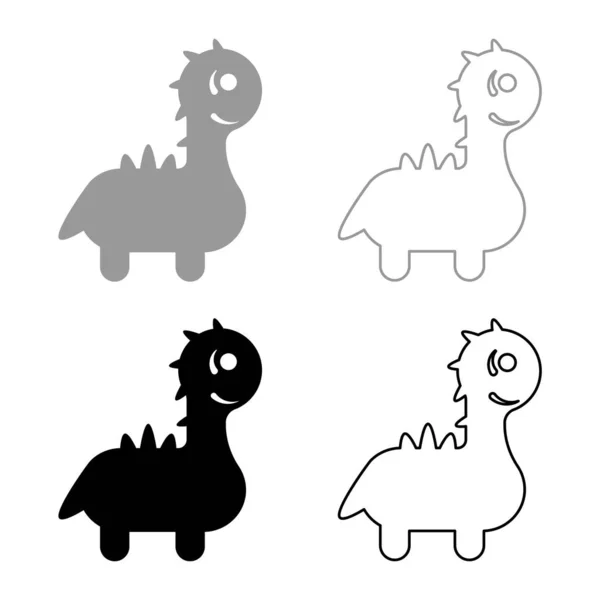 Funny Dragon Cute Character Dinosaur Dino Set Icon Grey Black — Stock Vector