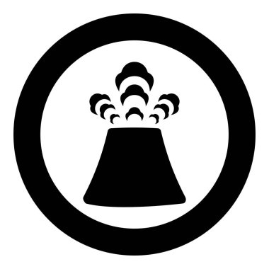 Duman püskürtme kavramına sahip yanardağ aktivitesi doğal kirlilik bulutu felaket volkanik dağ manzarası toz depremi felaket ikonu dairesel siyah renk illüstrasyon resmi düz hatlı basit taslak